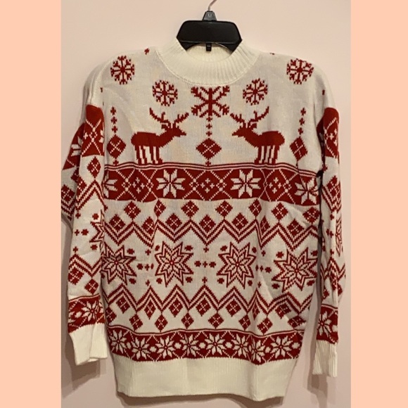 Round Neck Animal Loose Regular Sweater Shift Color: Red and White Size: M - Picture 2 of 4